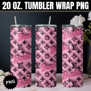20oz Skinny Straight Tumbler Wrap - Pink Puff Monogram (PNG Digital Download)