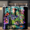 Halloween tumbler showing witches, black cat, pumpkins and glowing magic, clear sliding lid and straw