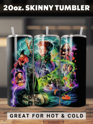 Halloween tumbler showing witches, black cat, pumpkins and glowing magic, clear sliding lid and straw