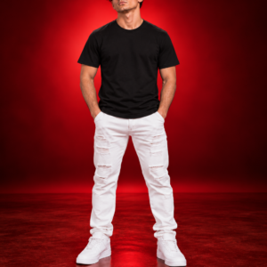 Male model wearing a black BELLA+CANVAS 3001 T-shirt, front view on a red studio background