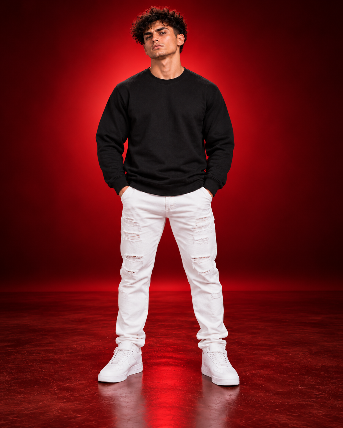 Male model wearing a black Gildan 18000 crewneck sweatshirt, front view on a red studio background