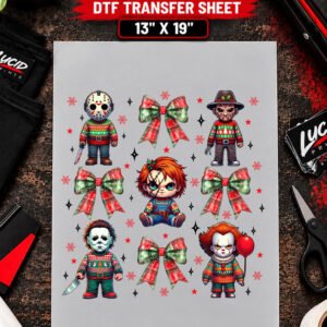 Christmas Horror Mini Villain Bows 13x19 inch ready to press DTF transfer sheet mockup