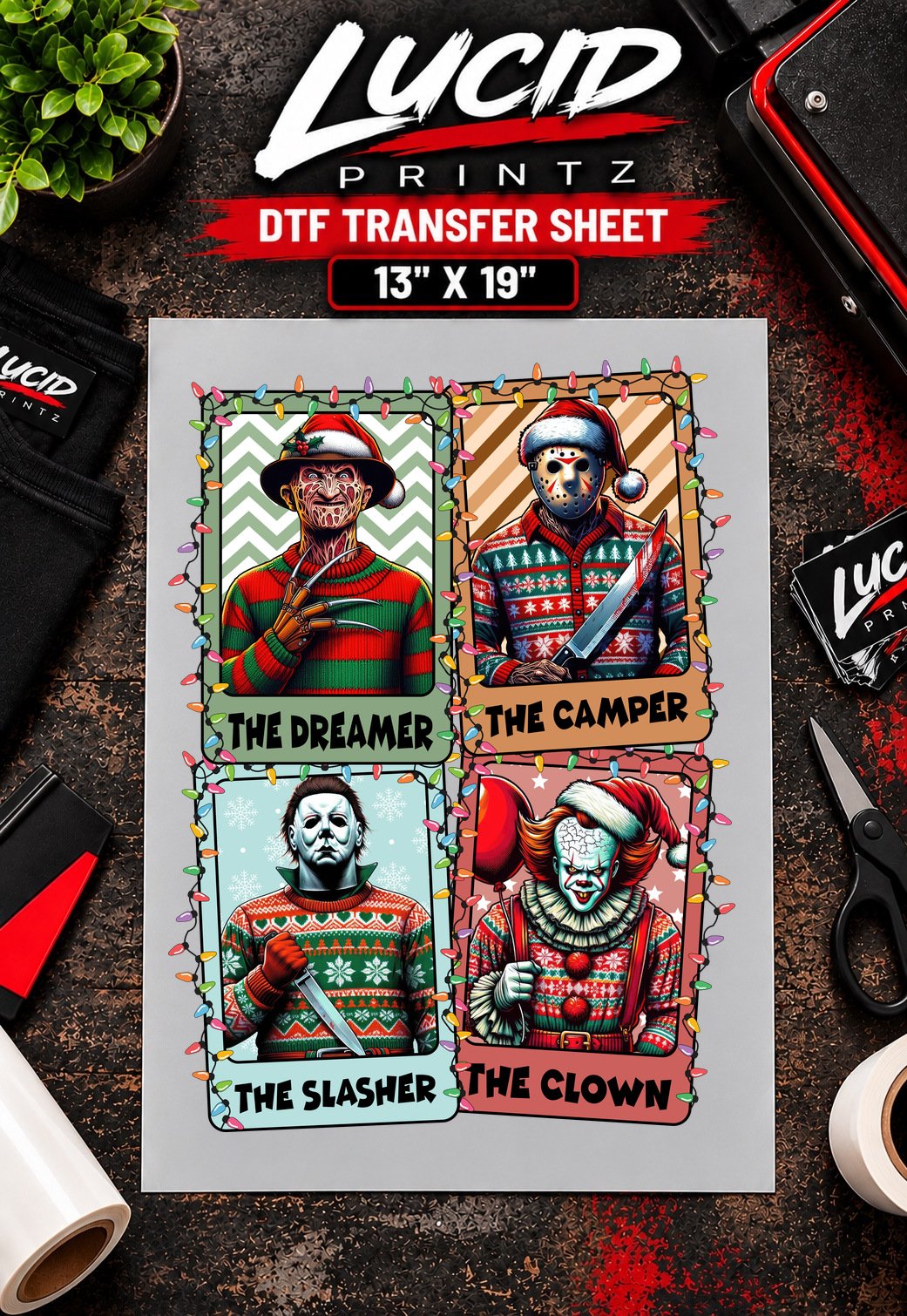 christmas-horror-villains-trading-card-quartet-dtf-transfer-sheet-13x19-mockup Christmas Horror Villains Trading Card Quartet 13x19 inch ready to press DTF transfer sheet mockup