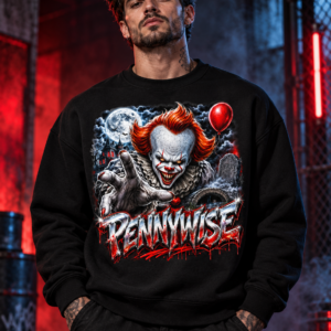 Model wearing the black Blood Moon Clown Graphic Crewneck Sweatshirt, front view