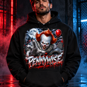 Model wearing the black Blood Moon Clown Graphic Hoodie, front view