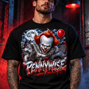 Model wearing the black Blood Moon Clown Graphic Tee, front view