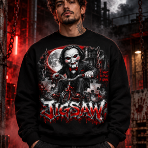 Model wearing the black Bloody Tricycle Graphic Crewneck Sweatshirt, front view