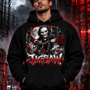 Model wearing the black Bloody Tricycle Graphic Hoodie, front view