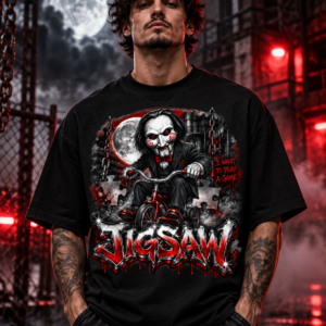 Model wearing the black Bloody Tricycle Graphic Tee, front view