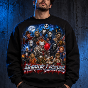 Model wearing the black Horror Legends Lightning Graphic Crewneck Sweatshirt, front view