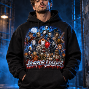 Model wearing the black Horror Legends Lightning Graphic Hoodie, front view