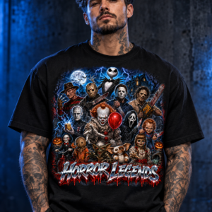 Model wearing the black Horror Legends Lightning Graphic Tee, front view