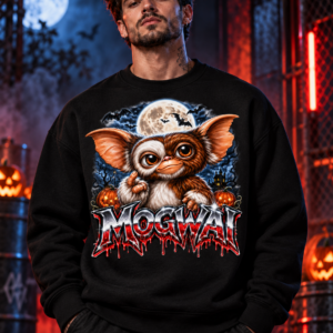Model wearing the black Midnight Mischief Graphic Crewneck Sweatshirt, front view