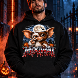Model wearing the black Midnight Mischief Graphic Hoodie, front view