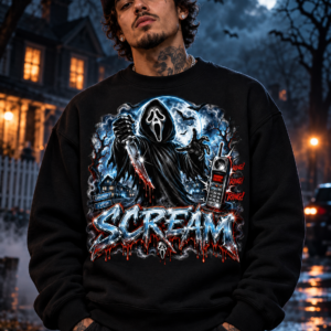 Model wearing the black Moonlit Caller Graphic Crewneck Sweatshirt, front view