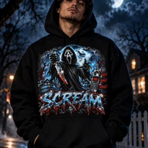 Model wearing the black Moonlit Caller Graphic Hoodie, front view