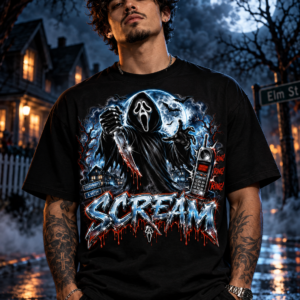 Model wearing the black Moonlit Caller Graphic Tee, front view
