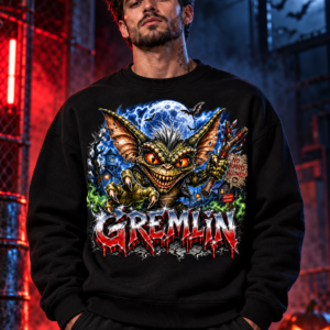 Model wearing the black Moonlit Creature Graphic Crewneck Sweatshirt, front view