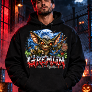 Model wearing the black Moonlit Creature Graphic Hoodie, front view