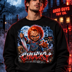 Model wearing the black Moonlit Toy Factory Graphic Crewneck Sweatshirt, front view