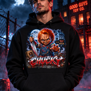 Model wearing the black Moonlit Toy Factory Graphic Hoodie, front view