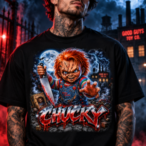 Model wearing the black Moonlit Toy Factory Graphic Tee, front view
