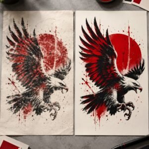 Illustrative eagle artwork shown in distressed and clean print-ready versions