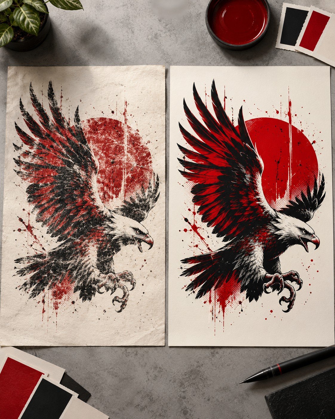 Lucid Artwork Preparation Concept Illustrative eagle artwork shown in distressed and clean print-ready versions