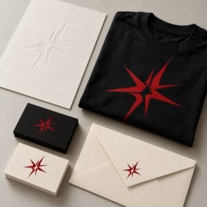 Illustrative red star identity on business cards stationery and a black shirt