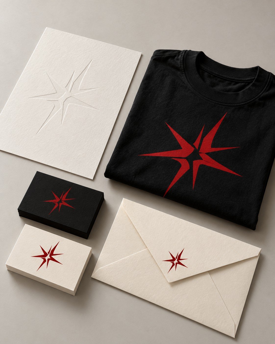 Lucid Branding Concept Illustrative red star identity on business cards stationery and a black shirt