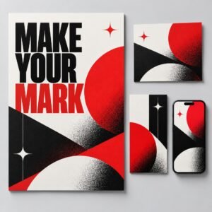 Illustrative red black and white promotional poster and mobile campaign