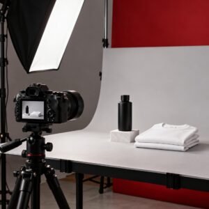 Representative camera and lighting setup for tabletop product photography