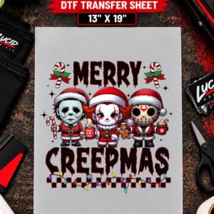 Merry Creepmas Horror Dolls Trio 13x19 inch ready to press DTF transfer sheet mockup