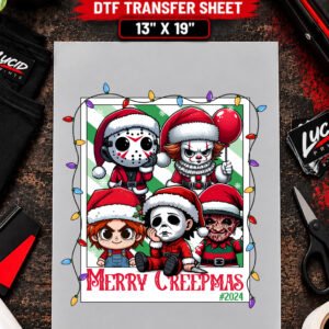 Merry Creepmas Santa Horror Characters 13x19 inch ready to press DTF transfer sheet mockup