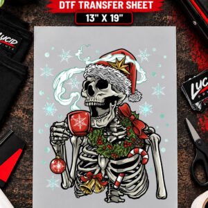 Santa Skeleton Coffee Horror Christmas 13x19 inch ready to press DTF transfer sheet mockup