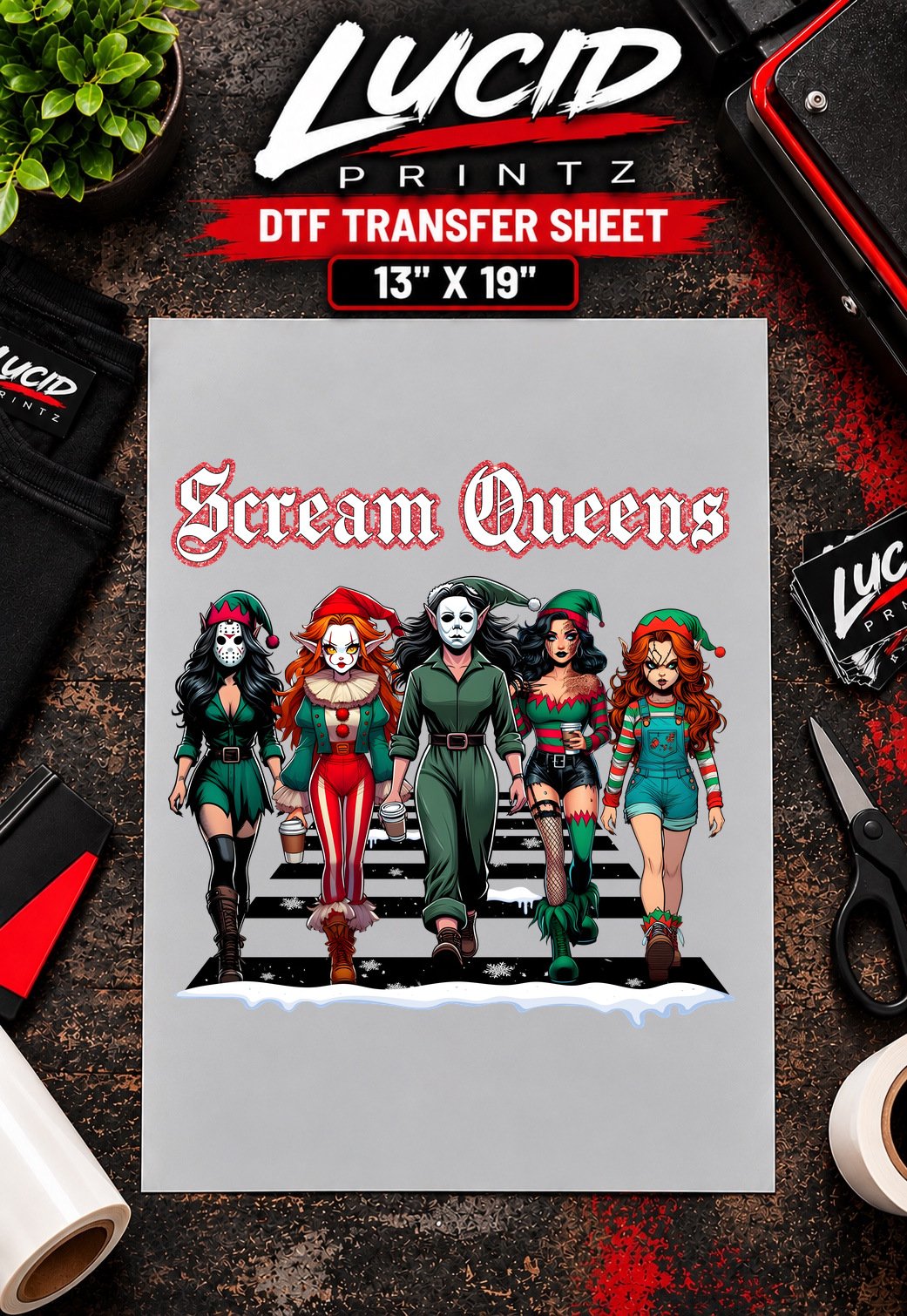 scream-queens-christmas-horror-women-dtf-transfer-sheet-13x19-mockup Scream Queens Christmas Horror Women 13x19 inch ready to press DTF transfer sheet mockup