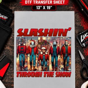 Slashin Through The Snow Horror Characters Lineup 13x19 inch ready to press DTF transfer sheet mockup