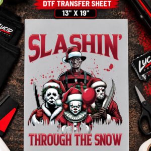 Slashin Through The Snow Horror Villain Group 13x19 inch ready to press DTF transfer sheet mockup