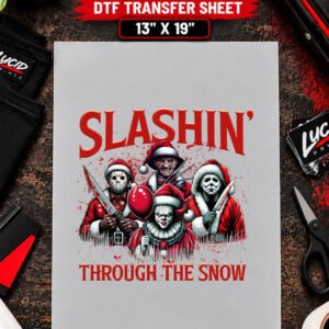 Slashin Through The Snow Red Horror Villains 13x19 inch ready to press DTF transfer sheet mockup