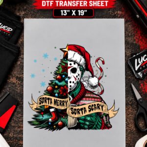 Sorta Merry Sorta Scary Hockey Mask 13x19 inch ready to press DTF transfer sheet mockup