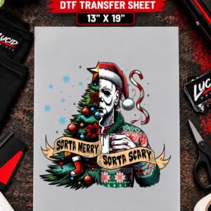Sorta Merry Sorta Scary Masked Slasher 13x19 inch ready to press DTF transfer sheet mockup