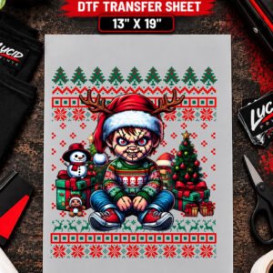 Ugly Christmas Sweater Creepy Doll 13x19 inch ready to press DTF transfer sheet mockup