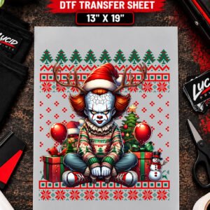 Ugly Christmas Sweater Horror Clown 13x19 inch ready to press DTF transfer sheet mockup