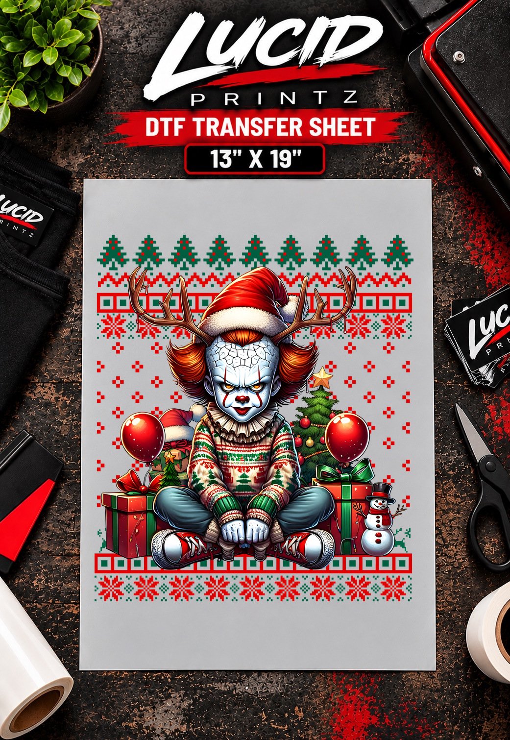 ugly-christmas-sweater-horror-clown-01-dtf-transfer-sheet-13x19-mockup Ugly Christmas Sweater Horror Clown 13x19 inch ready to press DTF transfer sheet mockup