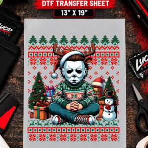 Ugly Christmas Sweater Masked Slasher 13x19 inch ready to press DTF transfer sheet mockup